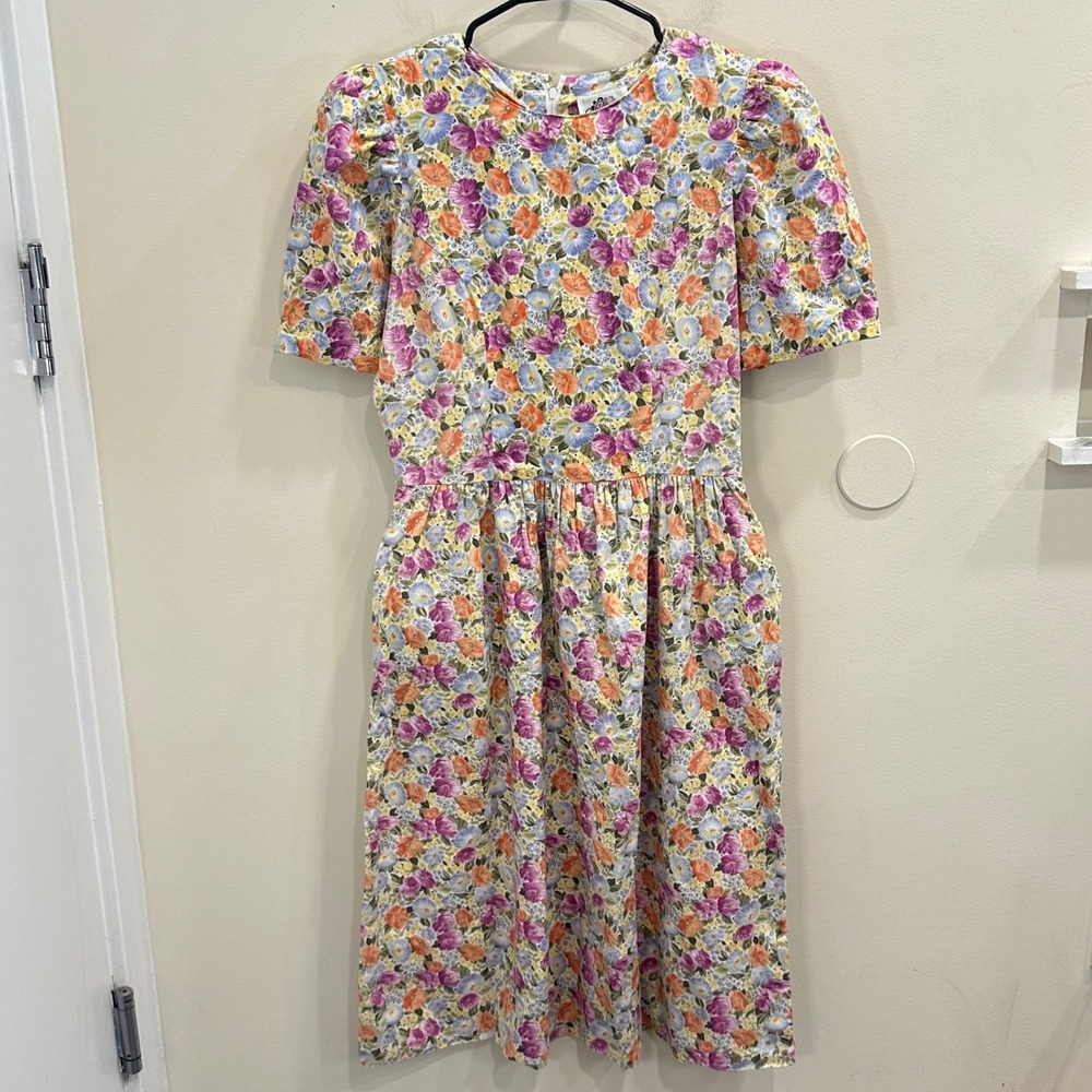 VTG 80s Lanz Originals Floral Midi Sundress Short Sleeve Pocket Cottage Easter 6